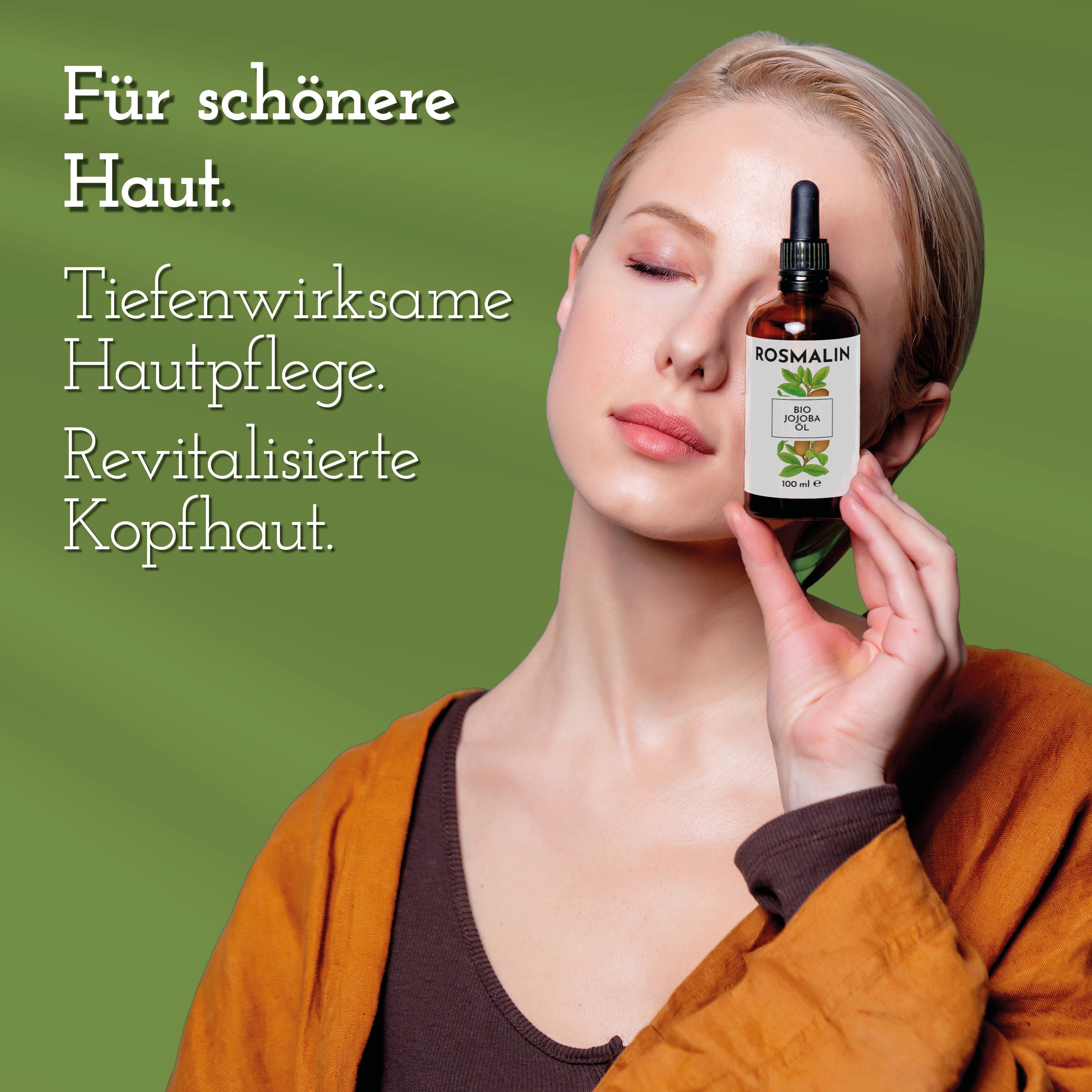 Frau hält eine Flasche mit Tropfer vor dem Gesicht. Auf der Flasche steht "Rosmalin". Text: Für schönere Haut. Tiefenwirksame Hautpflege. Revitalisierte Kopfhaut.
