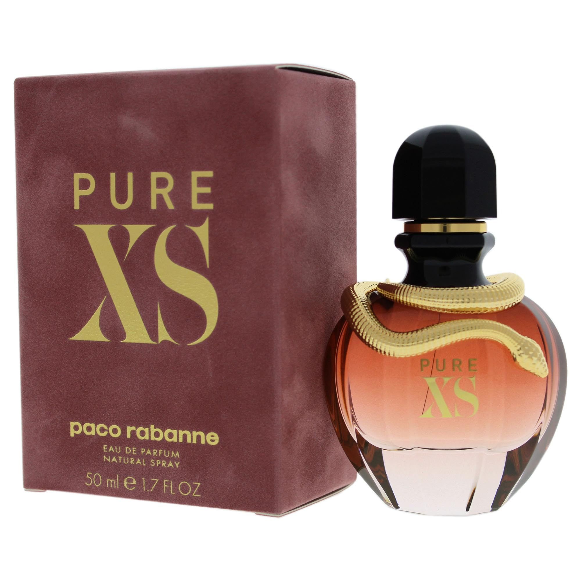 Parfümflakon und Verpackung. Flakon rosa, schwarzer Verschluss, goldene Schlange. Verpackung braun, Aufschrift: PURE XS.