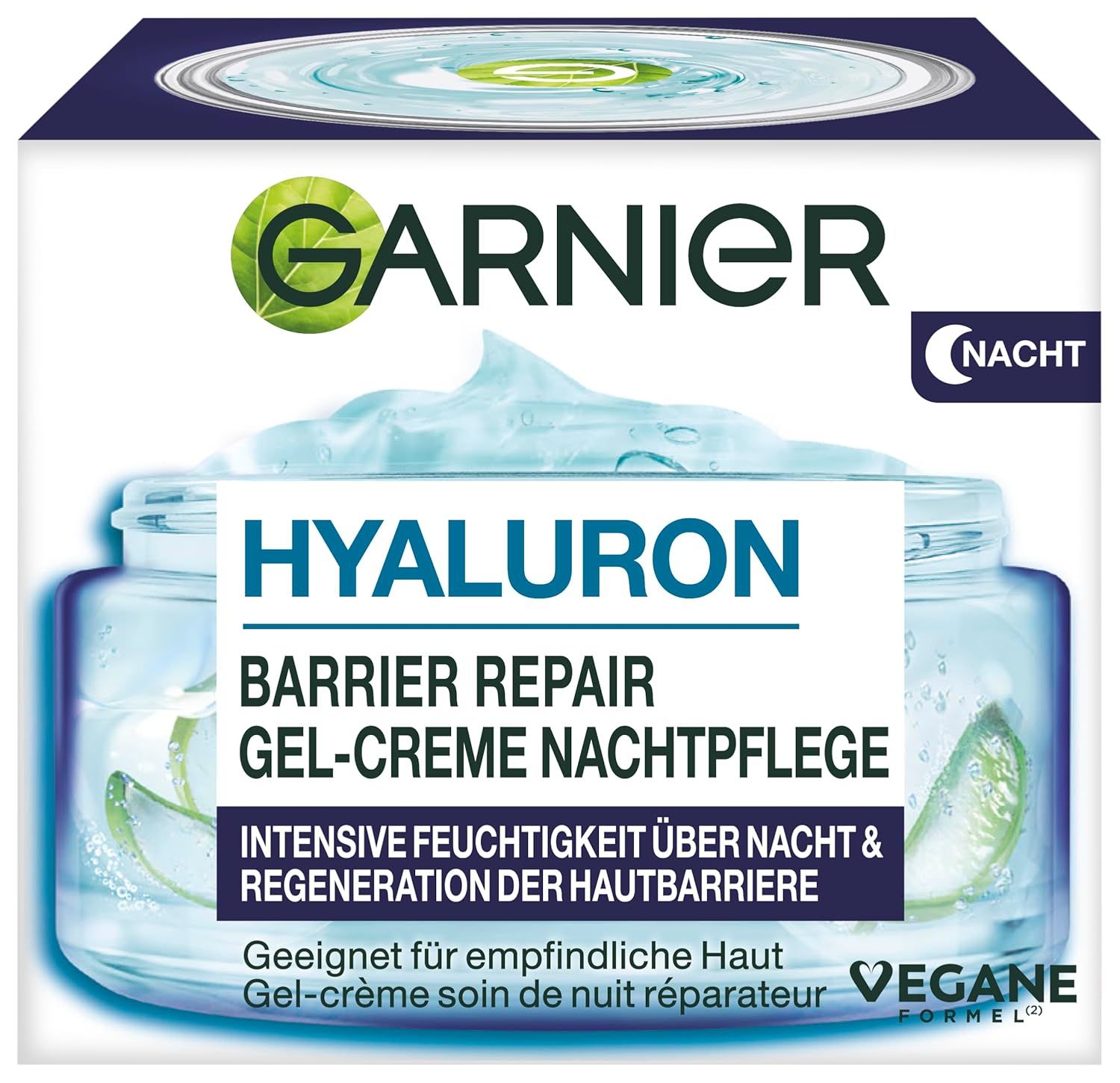 Garnier Hyaluron Barrier Repair Gel-Creme Nachtpflege. Produkt in Glas, blaue Verpackung, grüne und blaue Schrift.