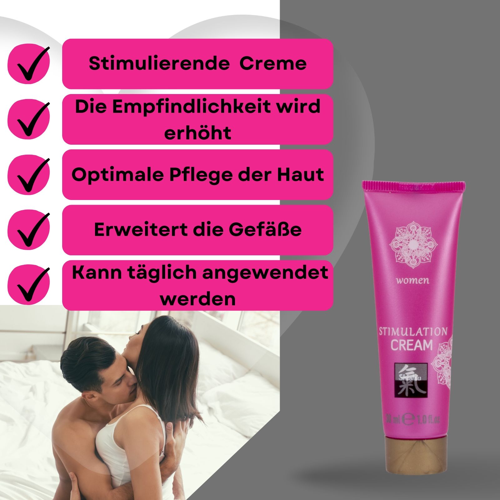 Rosa Tube und Text. Aufschrift: Stimulation Cream, Shiatsu. Text: Stimulierende Creme, etc.