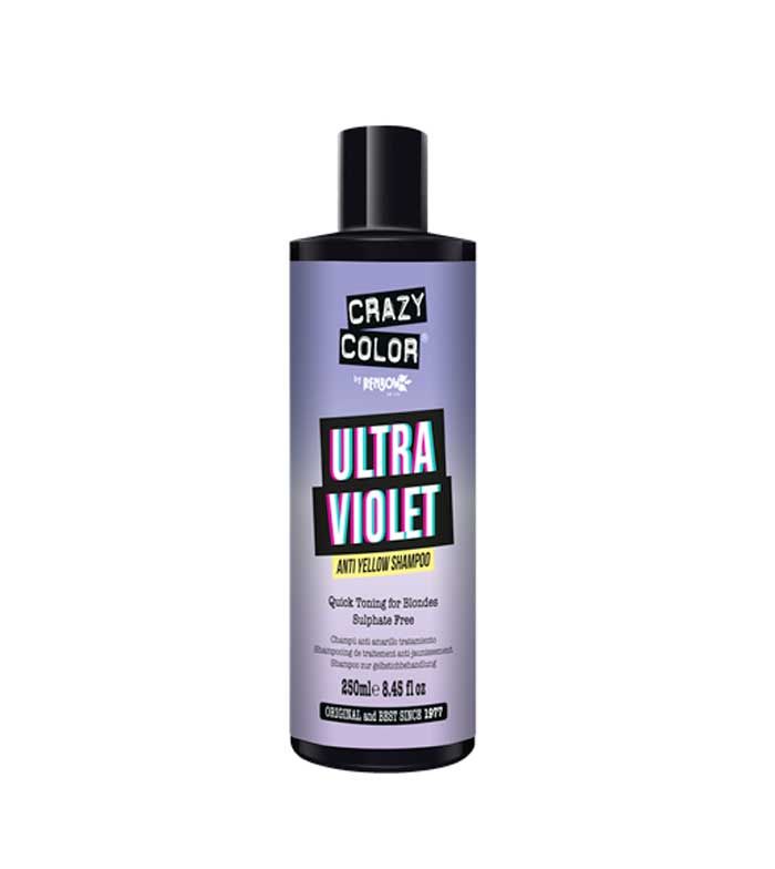 Flasche mit lila Etikett. Aufschrift: CRAZY COLOR, ULTRA VIOLET Anti Yellow Shampoo. Schwarzer Deckel. 250ml.