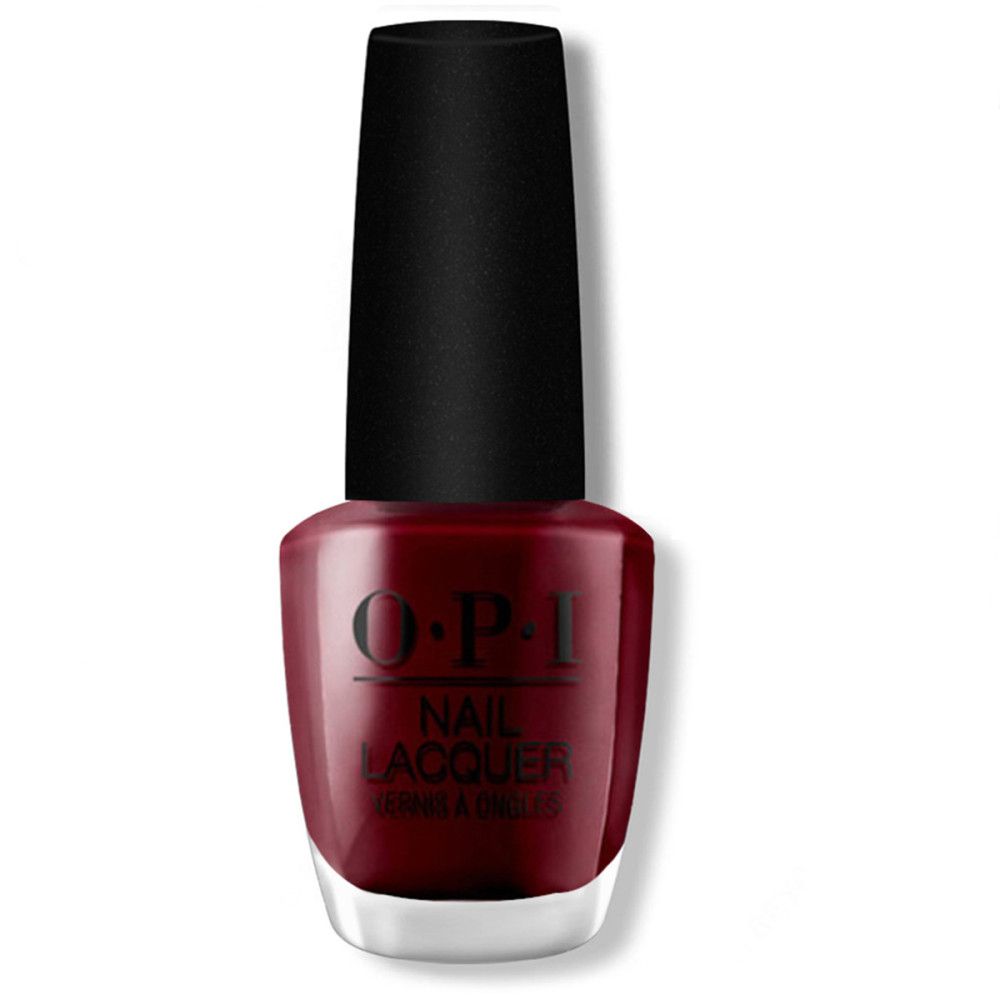 Nagellackflasche mit schwarzem Deckel. Dunkelroter Lack. OPI-Logo und Schriftzug 'NAIL LACQUER'.