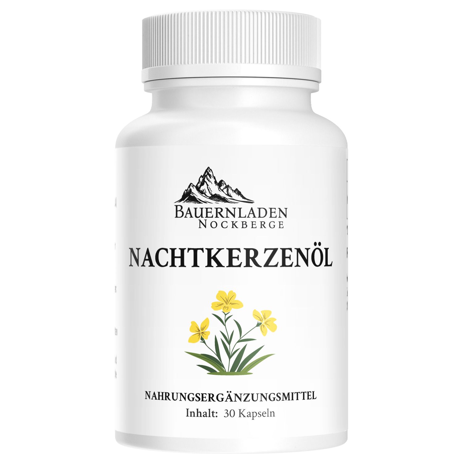 Flasche mit Nachtkerzenöl Kapseln, Logo und gelben Blüten.