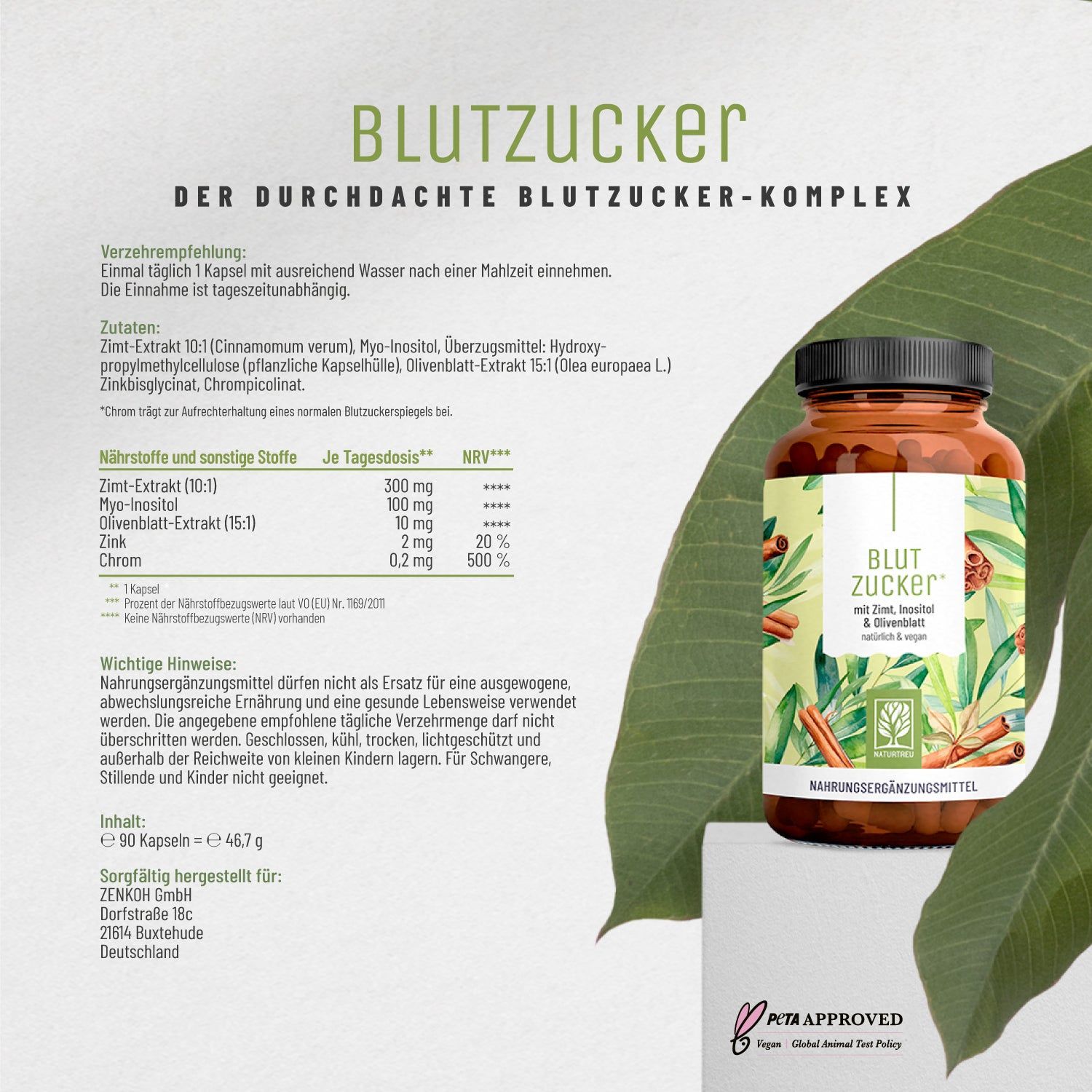 Blutzucker   Komplex mit Zimt, Inositol & Olivenblatt   NATURTREU ...