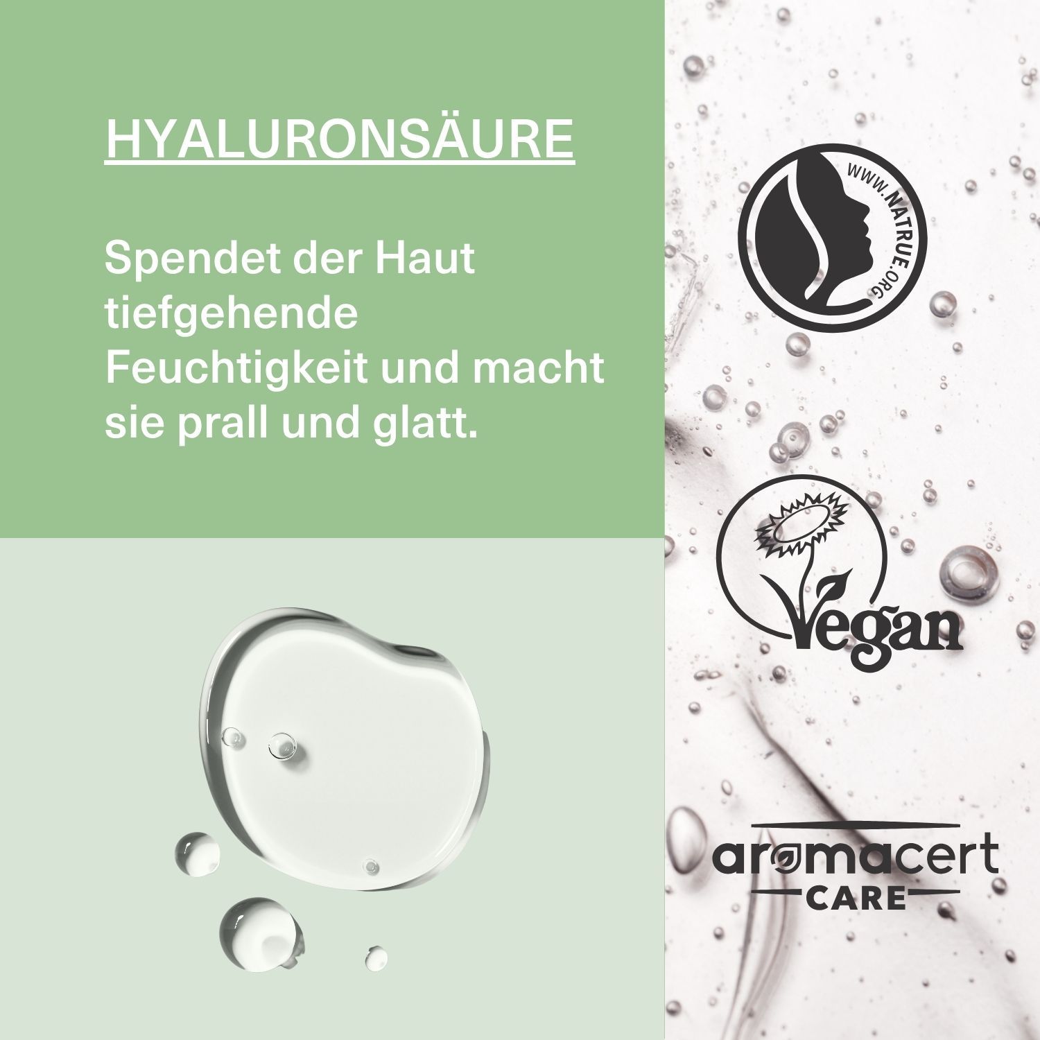 Infografik mit Text und Logos. Text: Hyaluronsäure, spendet Feuchtigkeit. Logos: Vegan, Naturkosmetik.