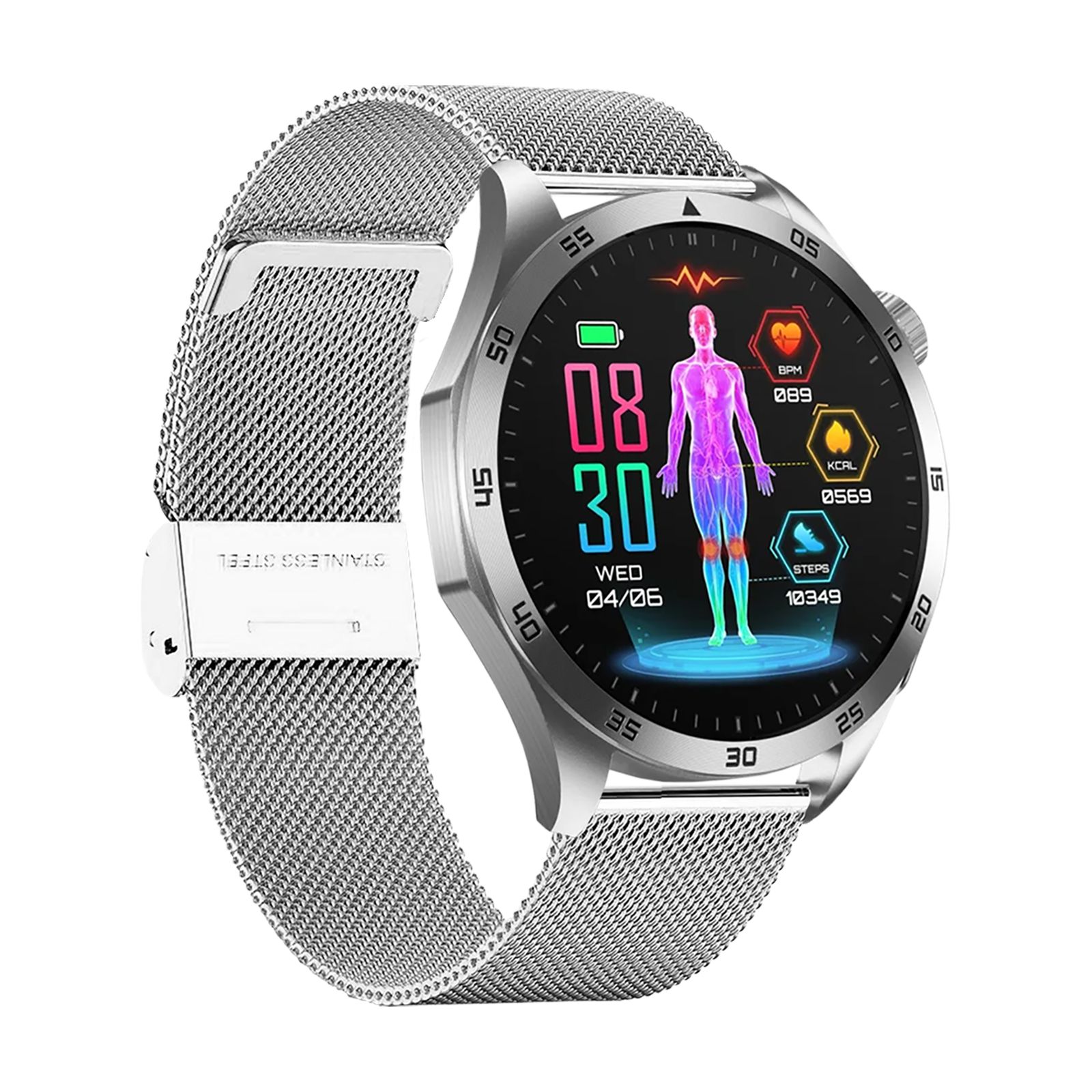 Silberne Smartwatch mit Mesh-Armband. Zeigt eine menschliche Figur mit Gesundheitsdaten wie Herzfrequenz und Schritten an.