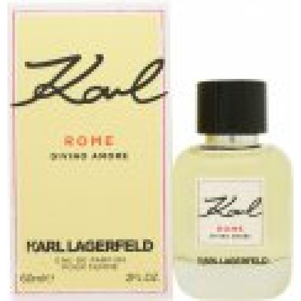 Parfümflakon und Verpackung. Aufschrift Karl, Rome Divino Amore und Karl Lagerfeld. Flakon und Verpackung mit gelblicher Flüssigkeit.