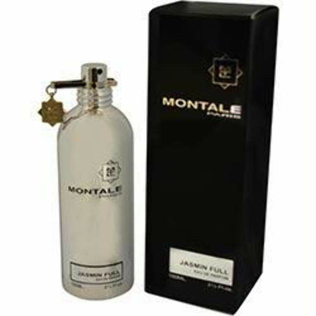 Silberne Flasche mit schwarzer Verpackung. Aufschrift: Montale Paris, Jasmin Full. Mit Zerstäuber und Anhänger.
