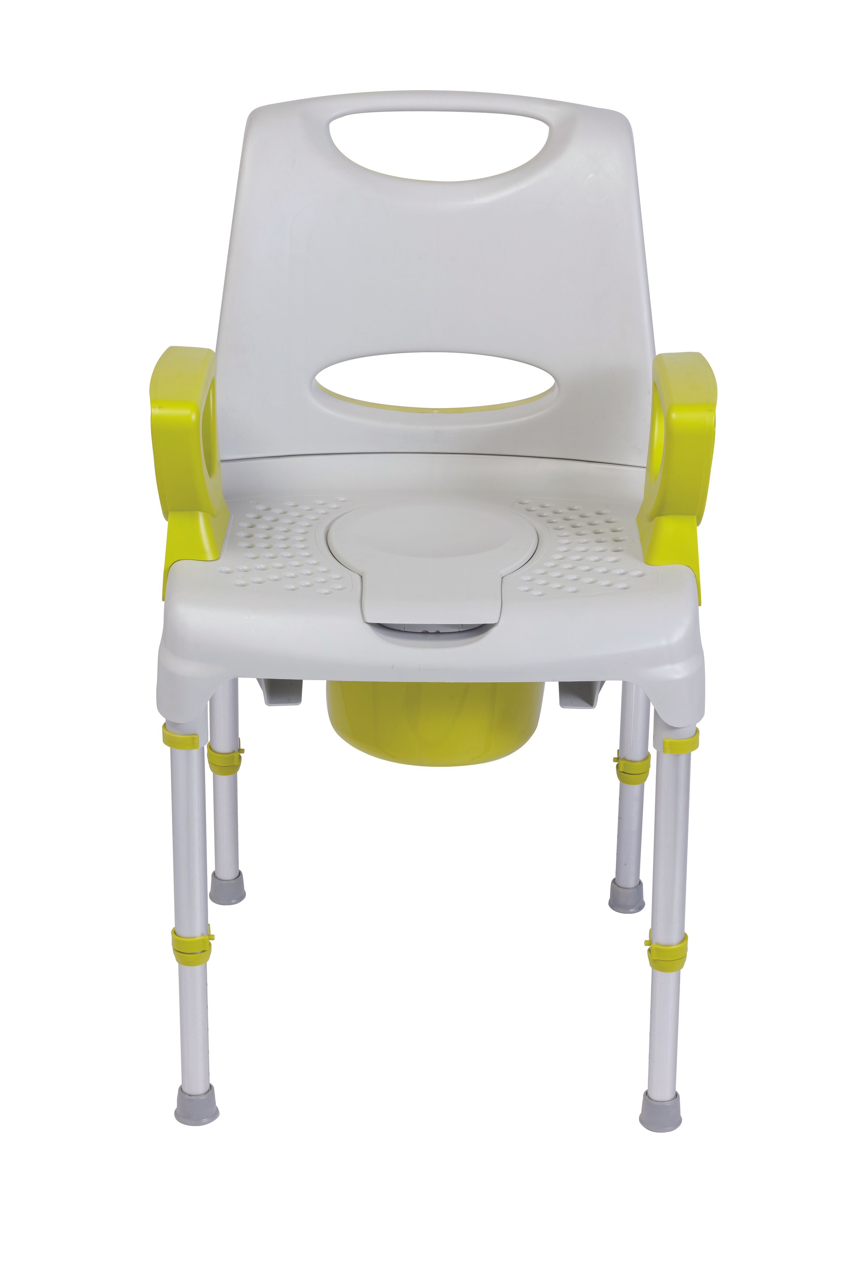 Dusch- und Toilettenstuhl mit weißem Sitz und Rückenlehne, gelben Armlehnen und Beinen. Mit gelbem Eimer.