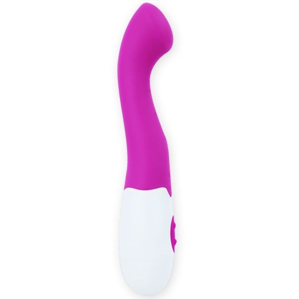 Pinkfarbener Vibrator mit weißem Griff. Seitliche Ansicht. Ein Knopf.
