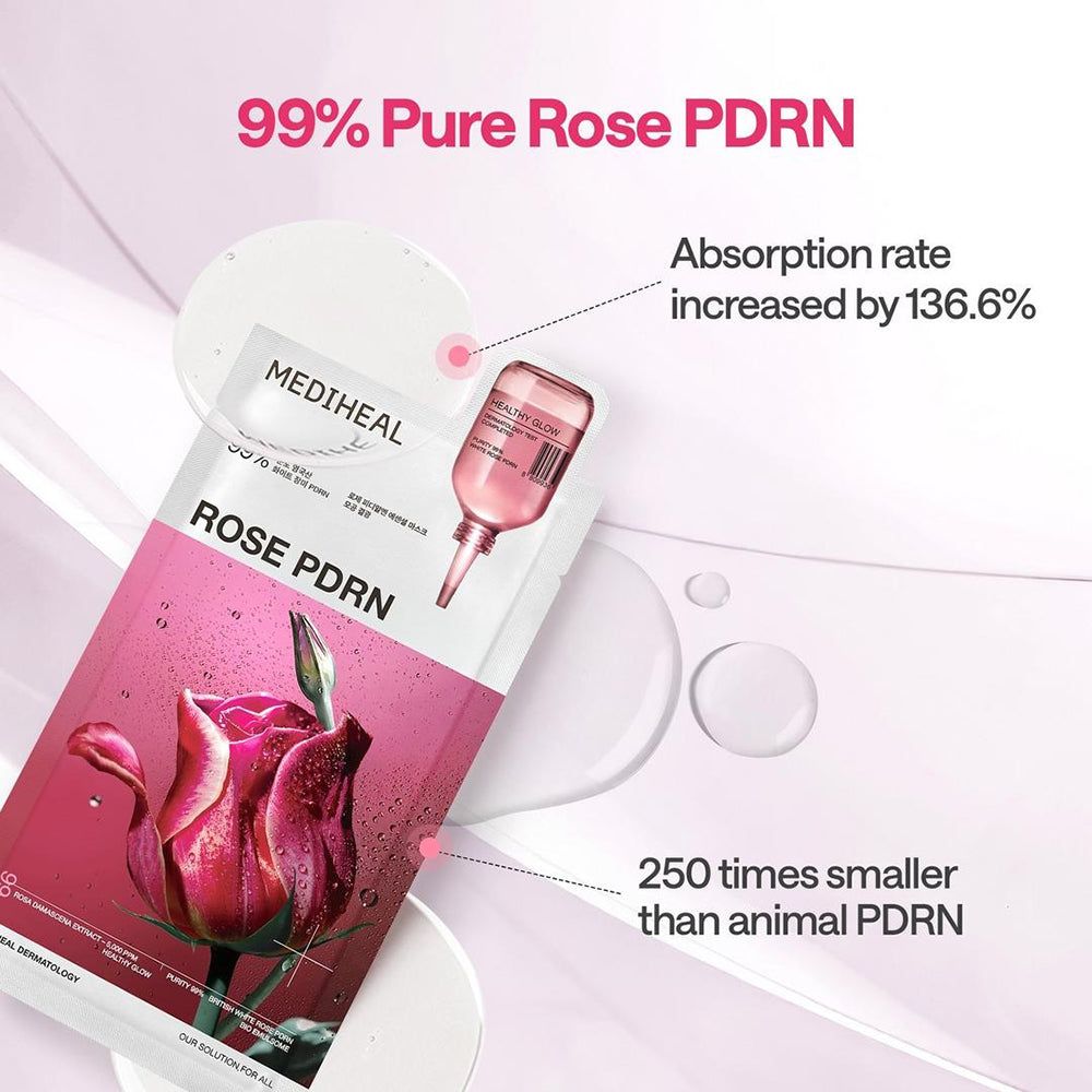 Verpackung der MEDIHEAL Rose PDRN Essential Tuchmaske. Rosa Design mit Rose und Produktinformationen. Abbildung einer Ampulle.