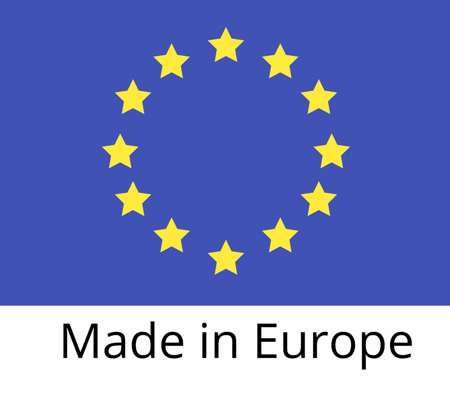 Blaue Flagge mit gelben Sternen, EU-Flagge. Text: Made in Europe.