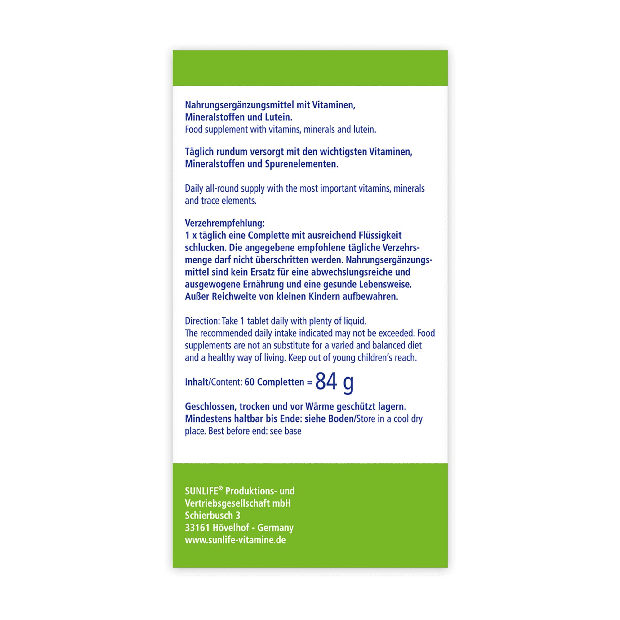 Rückseite der Sunlife A-Z + Lutein Tabletten-Packung. Textinformationen über Inhaltsstoffe, Anwendung und Hersteller.