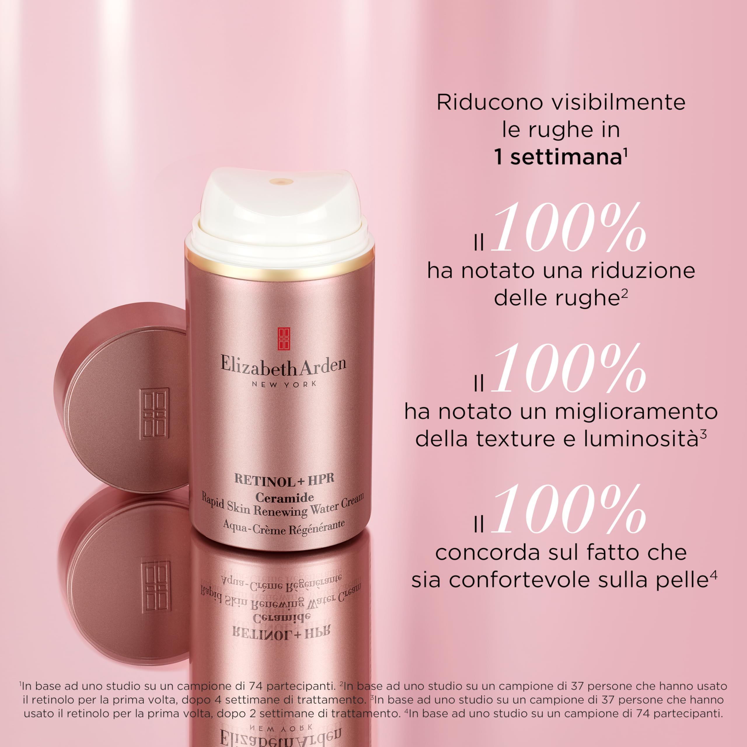 Zylindrische, rosafarbene Creme-Verpackung mit goldfarbenen Akzenten. Text: Elizabeth Arden, Retinol + HPR Ceramide, Aqua-Crème Régénérante. Deckel daneben.