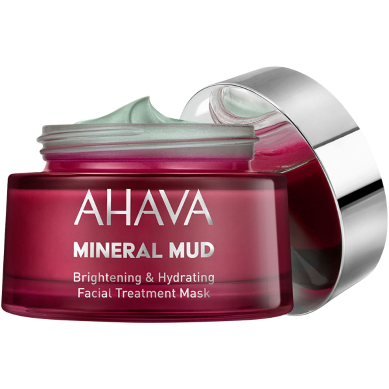 Roter Tiegel mit silbernem Deckel, geöffnet. Aufschrift: AHAVA MINERAL MUD Brightening & Hydrating Facial Treatment Mask.