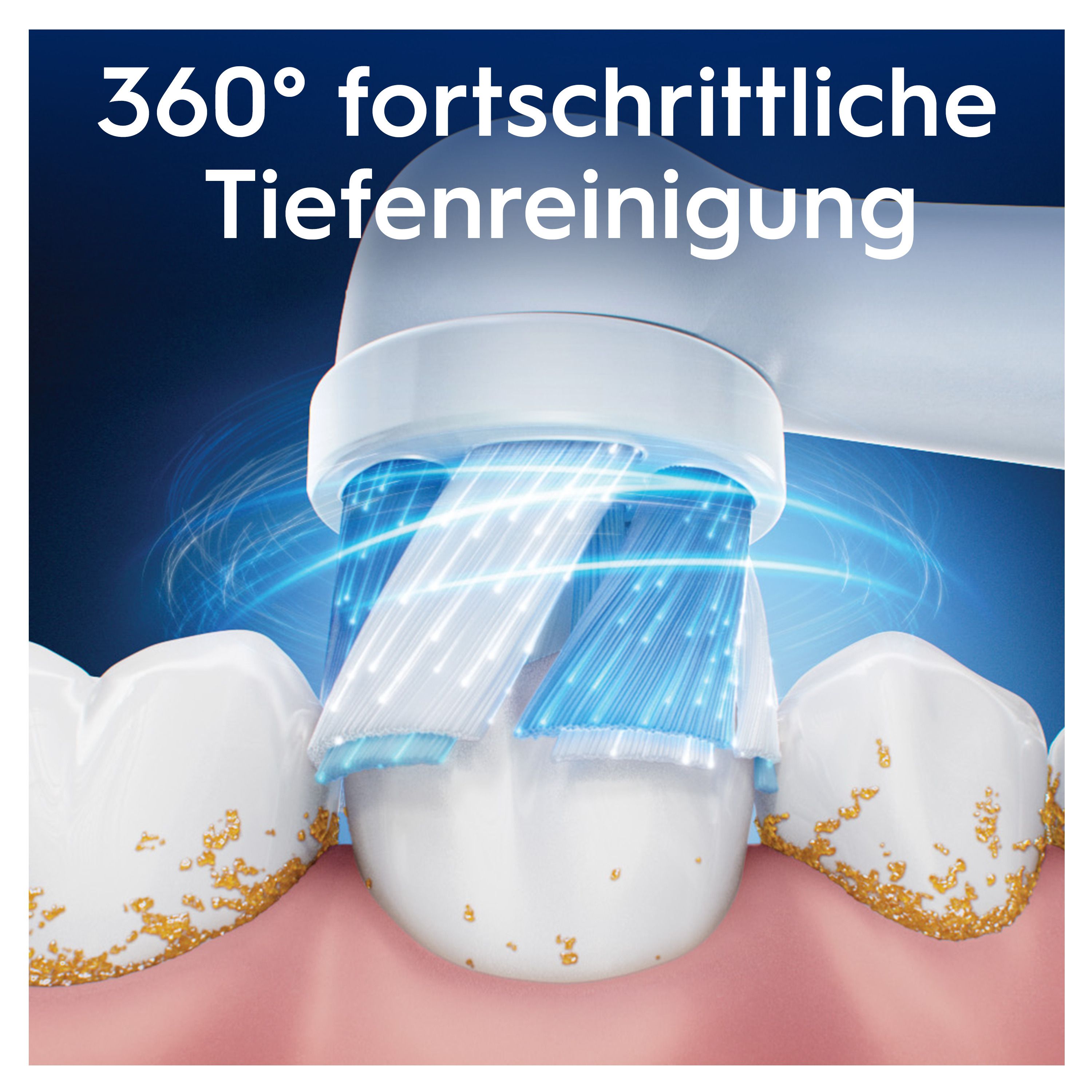 Zahnbürstenkopf reinigt Zähne. Blaue und weiße Borsten. Text: 360° fortschrittliche Tiefenreinigung.