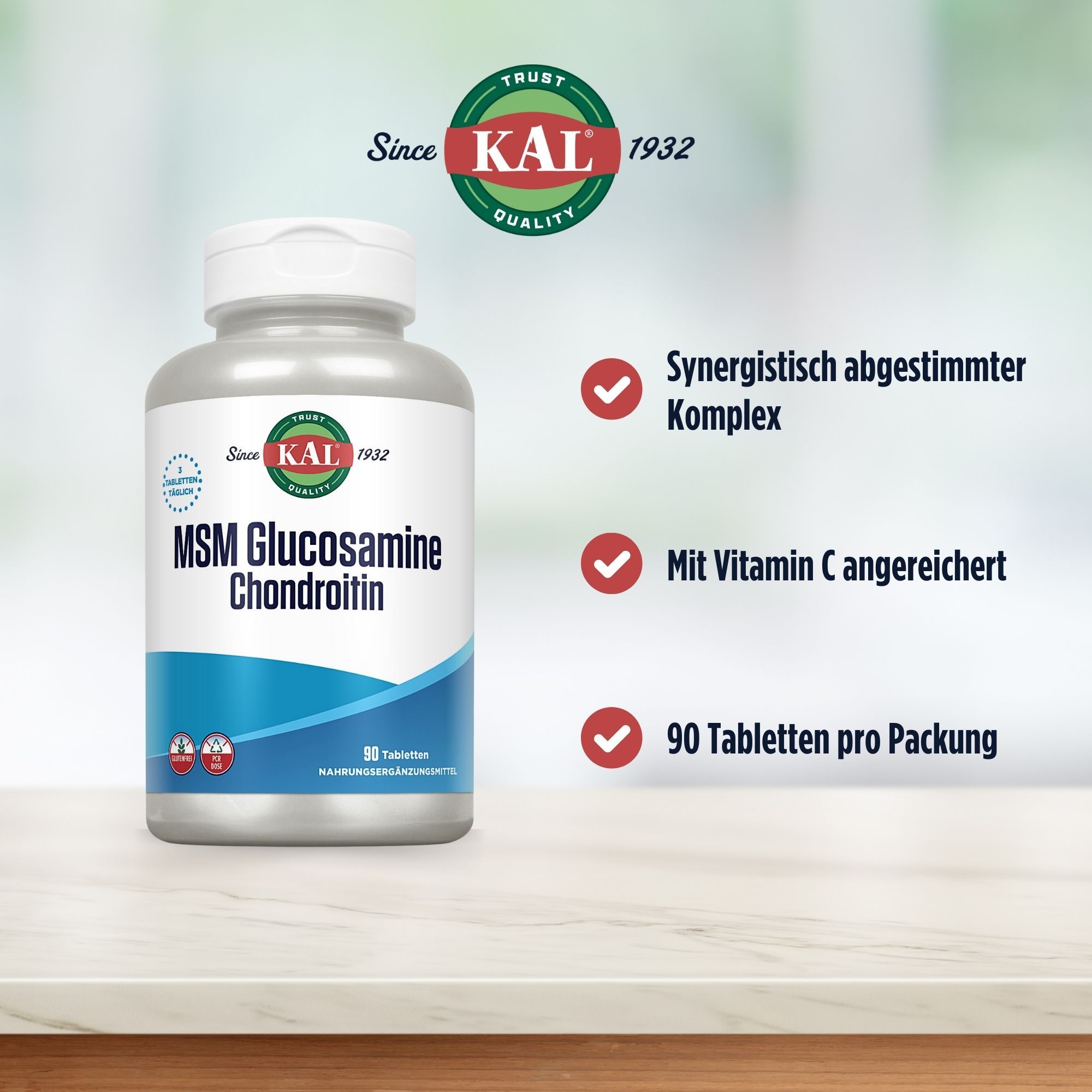KAL MSM Glucosamin Chondroitin Flasche. Synergistisch abgestimmter Komplex, mit Vitamin C angereichert, 90 Tabletten.