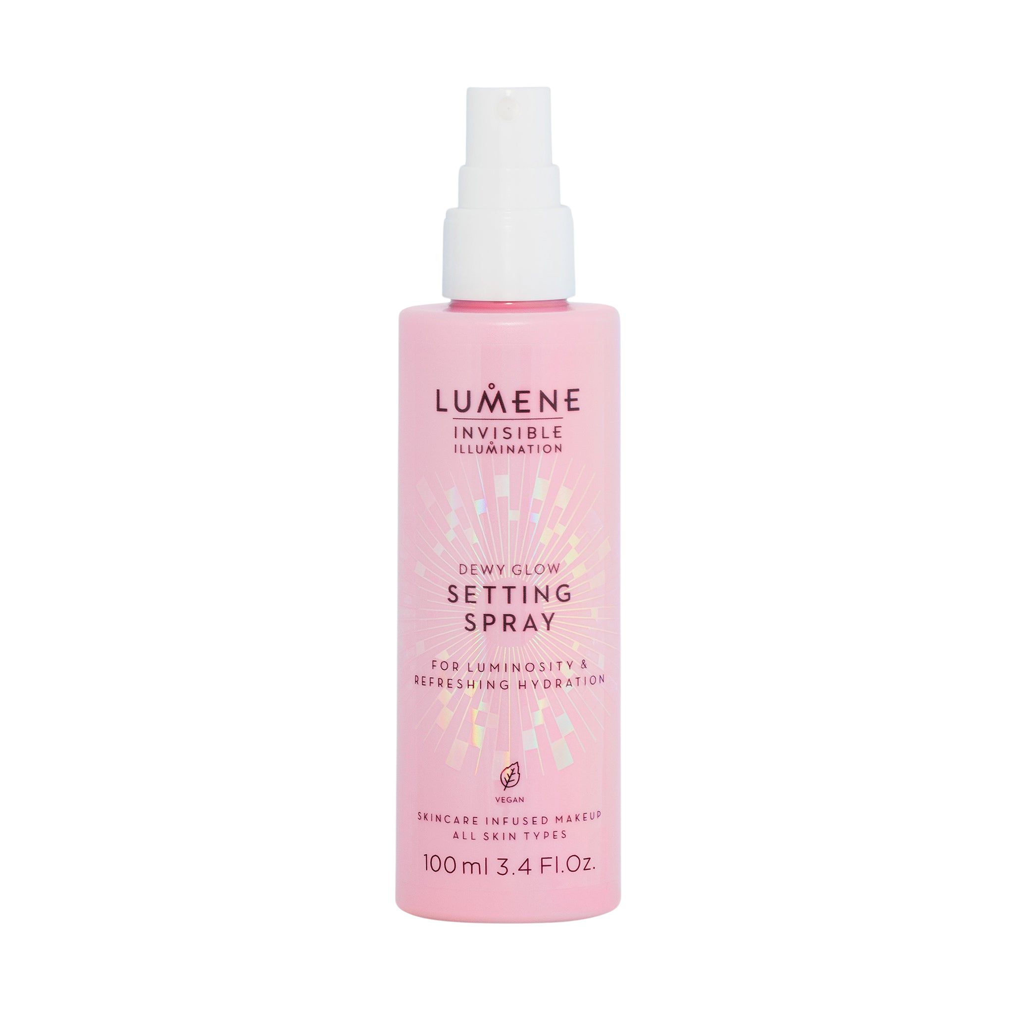 Rosa Flasche mit weißem Sprühkopf. Aufschrift: Lumene INVISIBLE ILLUMINATION Dewy Glow Setting Spray. Vegan-Logo. 100 ml.
