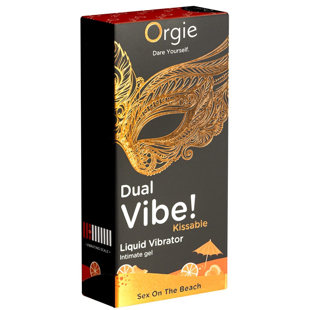 Schwarze Verpackung mit Produktnamen und goldener Maske. Text: Dual Vibe! Kissable Liquid Vibrator Intimate gel. Sex On The Beach.