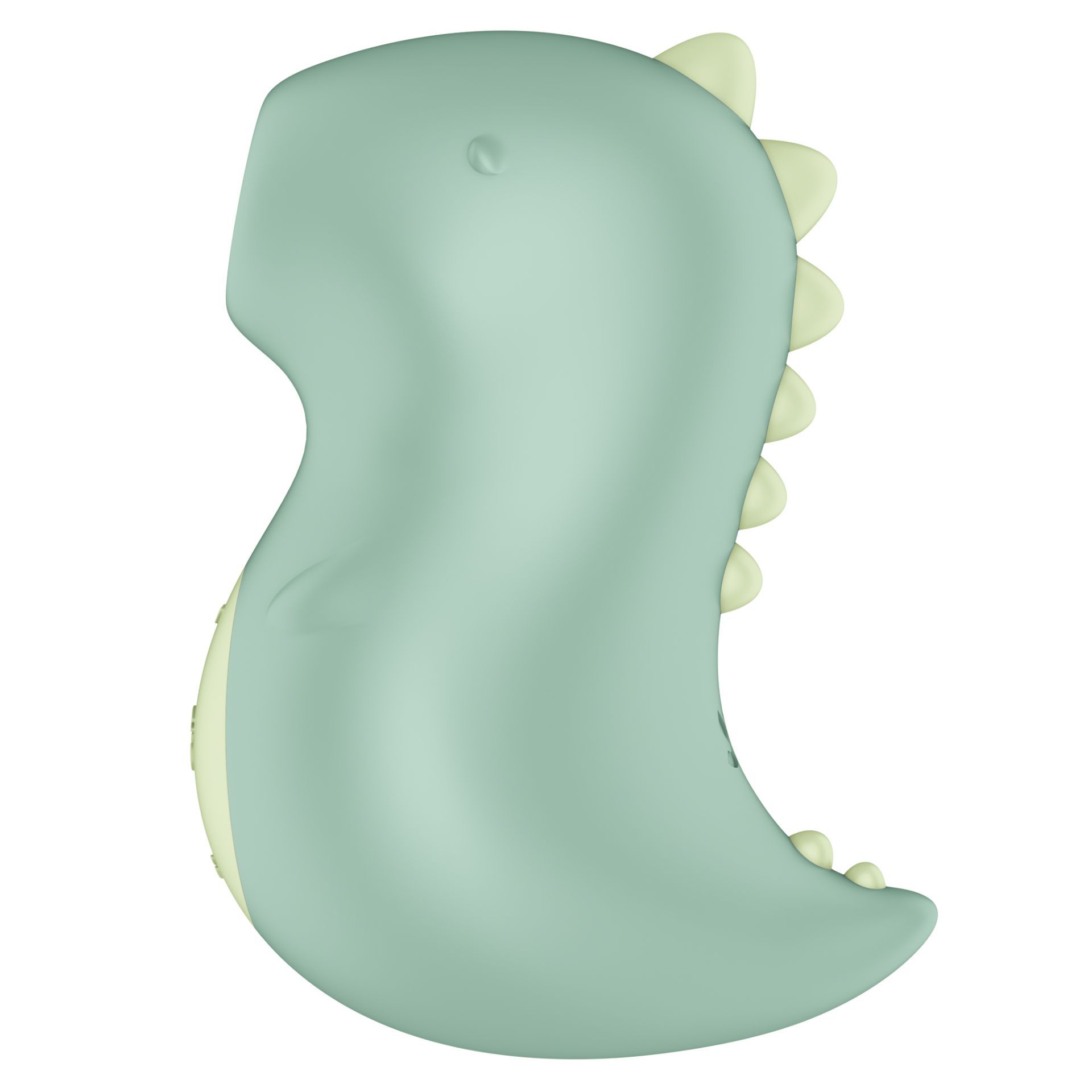 Seitenansicht eines grünen Dinosaurier-Vibrators mit gelben Akzenten.