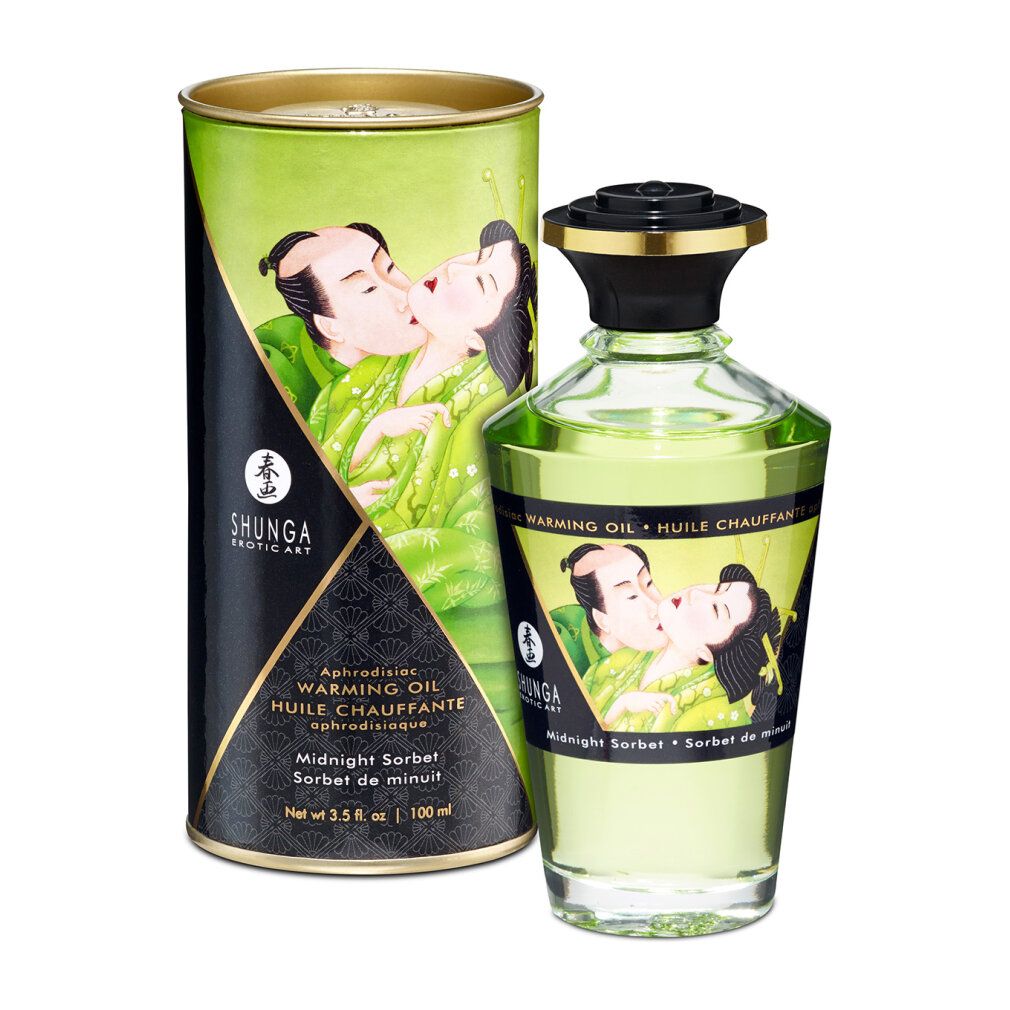 Glasflasche und zylindrische Verpackung. Aufschrift: Shunga, Warming Oil, Midnight Sorbet. Abbildung eines Paares.