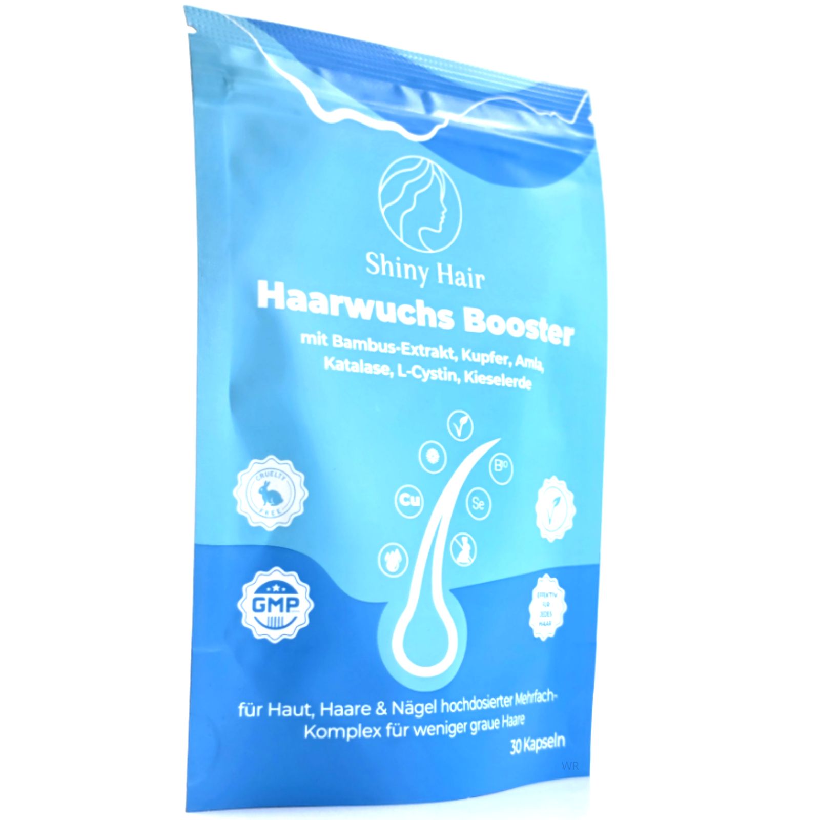 Blaue Verpackung Shiny Hair Haarwuchs Booster. Enthält 30 Kapseln. GMP-Siegel. Produkt schräg.