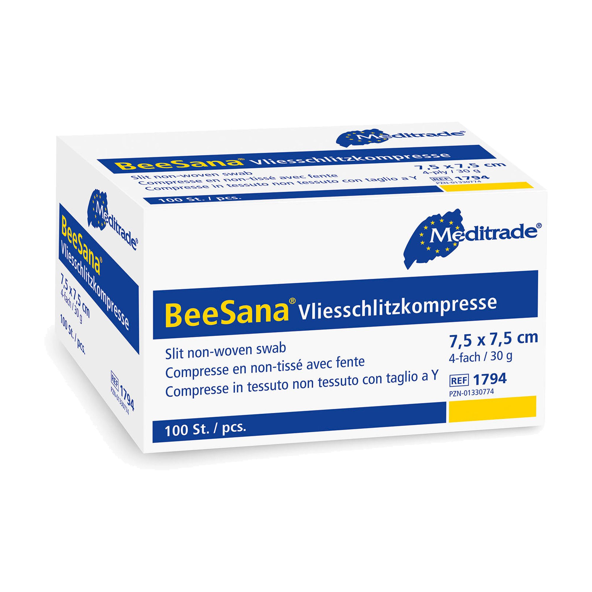 BeeSana Vliesschlitzkompresse, 7,5 x 7,5 cm, 4-fach, 30 g, 100 Stück.