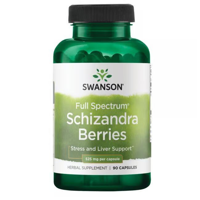 Grüne Flasche mit schwarzen Deckel. Aufschrift: SWANSON Schizandra Beeren, 525 mg pro Kapsel, 90 Kapseln.