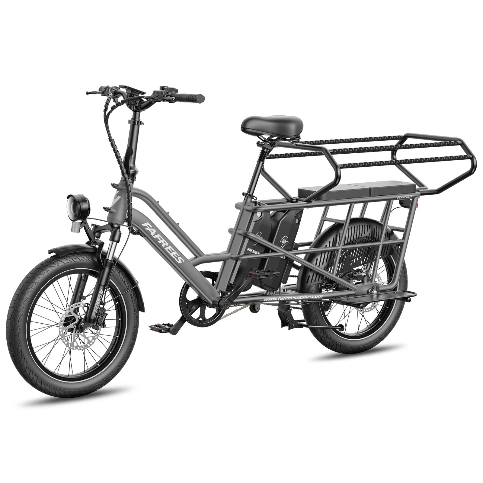 Graues Elektro-Lastenrad mit Doppelakku, großem Gepäckträger und Scheinwerfer, Seitenansicht.