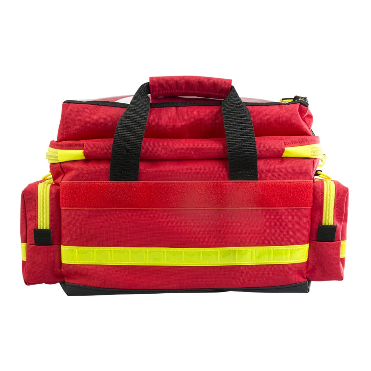Rote Notfalltasche mit gelben Streifen. Schwarze Griffe. Rechteckige Form. Auf weißem Hintergrund. Oberansicht.