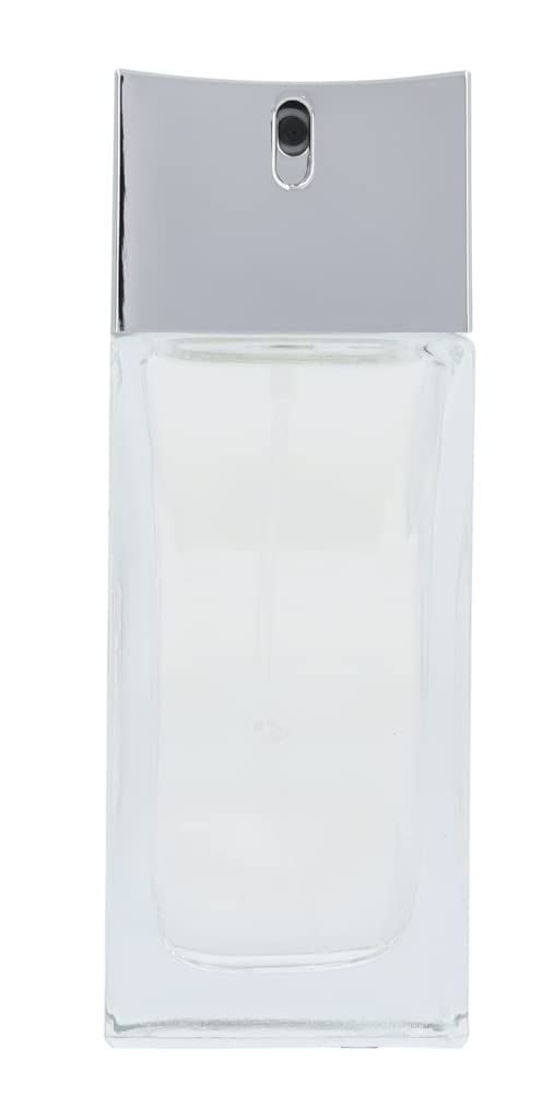 Rechteckiger Glasflakon mit silberfarbenem Deckel. Enthält eine klare Flüssigkeit. Sprühkopf oben.