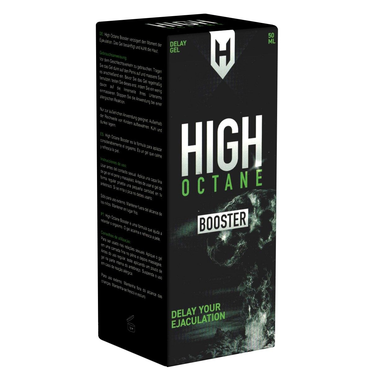 Schwarze Verpackung mit weißem Logo und Schriftzug "HIGH OCTANE BOOSTER". Text: "DELAY YOUR EJACULATION". Volumen: 50 ml.