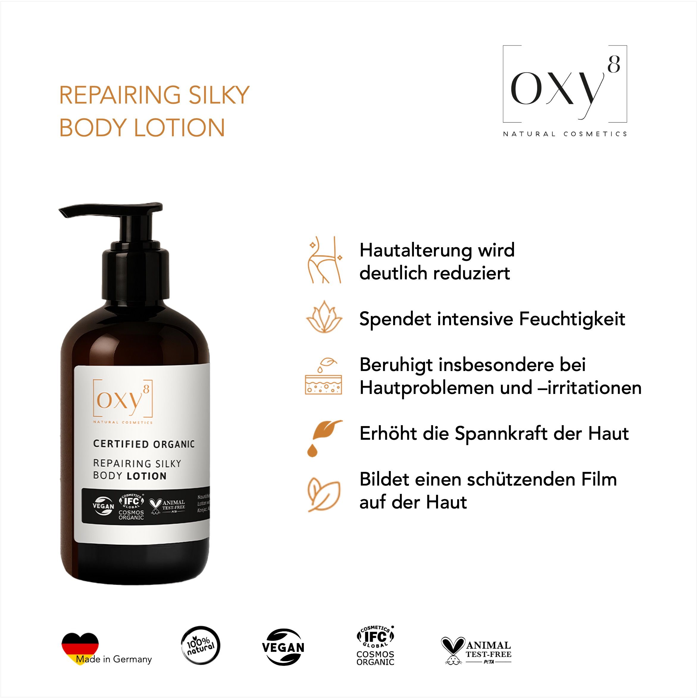 Eine Flasche Repairing Silky Body Lotion mit Pumpverschluss. Aufschrift: Certified Organic, Vegan, Cosmos Organic. Text und Icons.