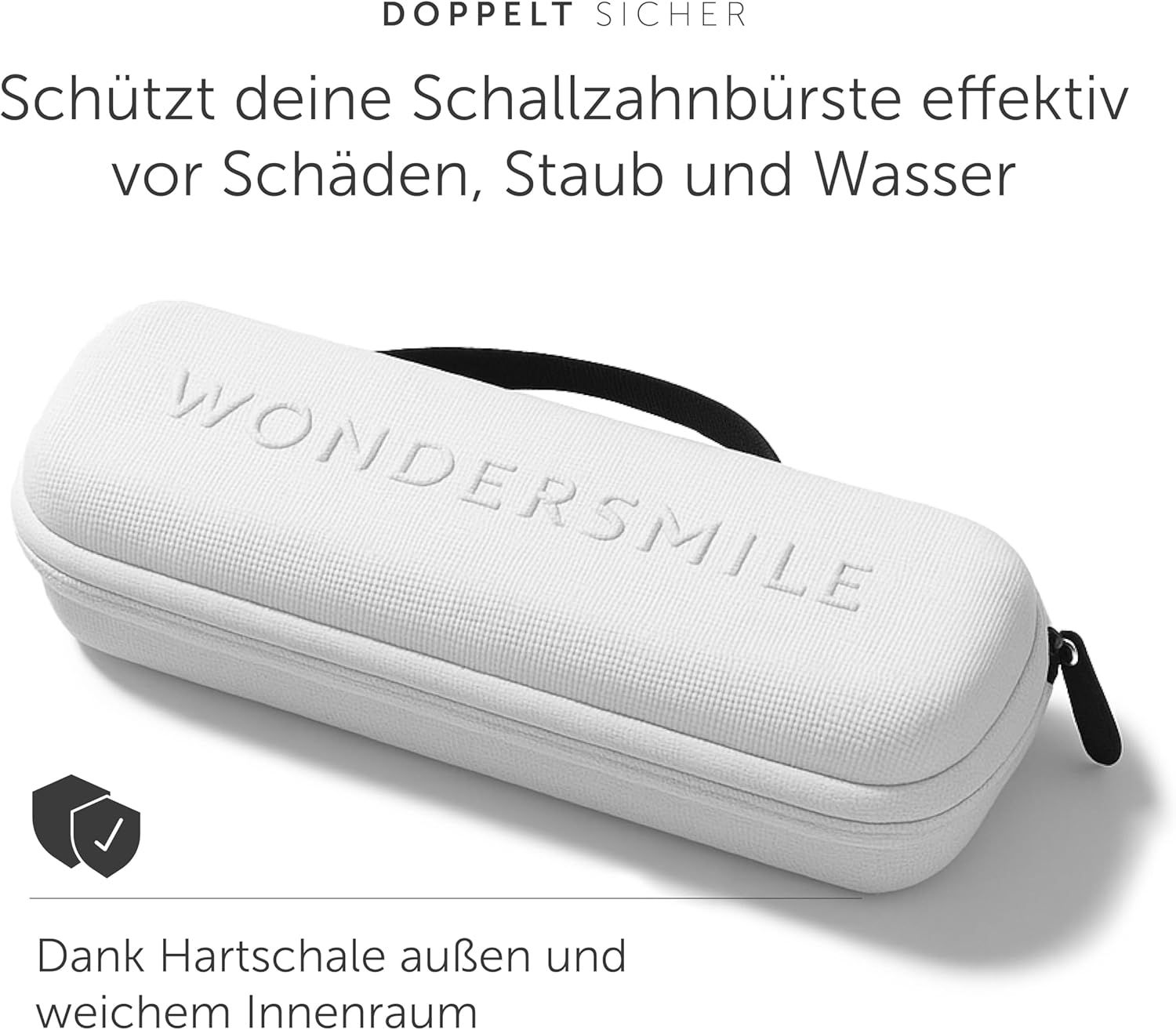 Weißes, längliches Reiseetui mit Reißverschluss und Trageschlaufe. Geprägter Schriftzug: Wondersmile. Schwarzer Reißverschluss und Griff.