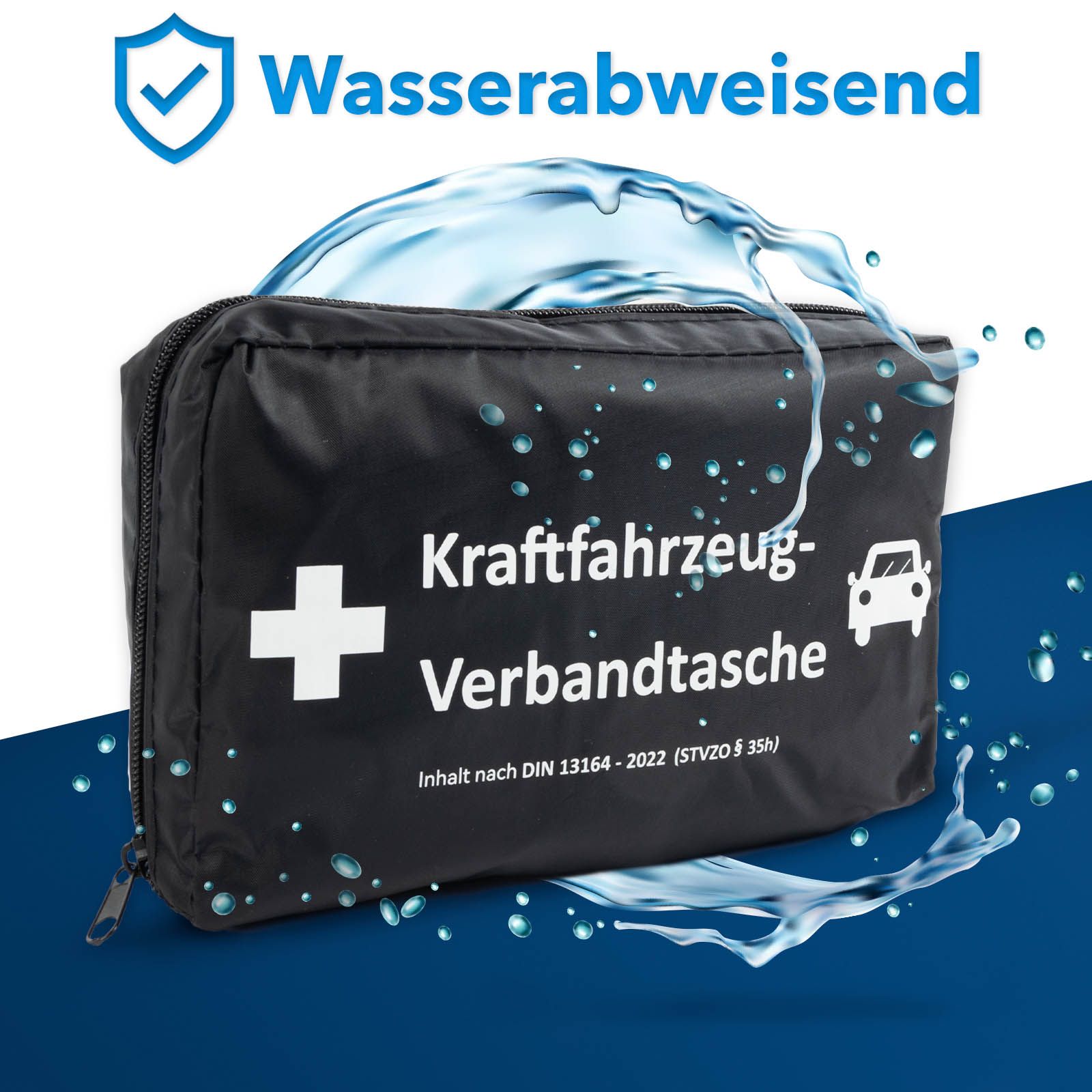 Schwarze KFZ-Verbandtasche mit weißem Kreuz und Text. Wasserabweisend dargestellt.