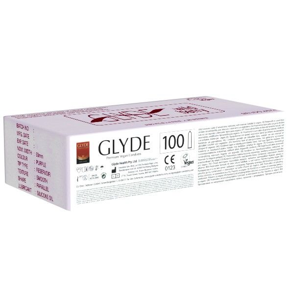 Weiße Schachtel mit Aufschrift GLYDE 100. Auf der Verpackung sind weitere Informationen und Logos abgebildet, darunter ein CE-Zeichen und ein Vegan-Logo.