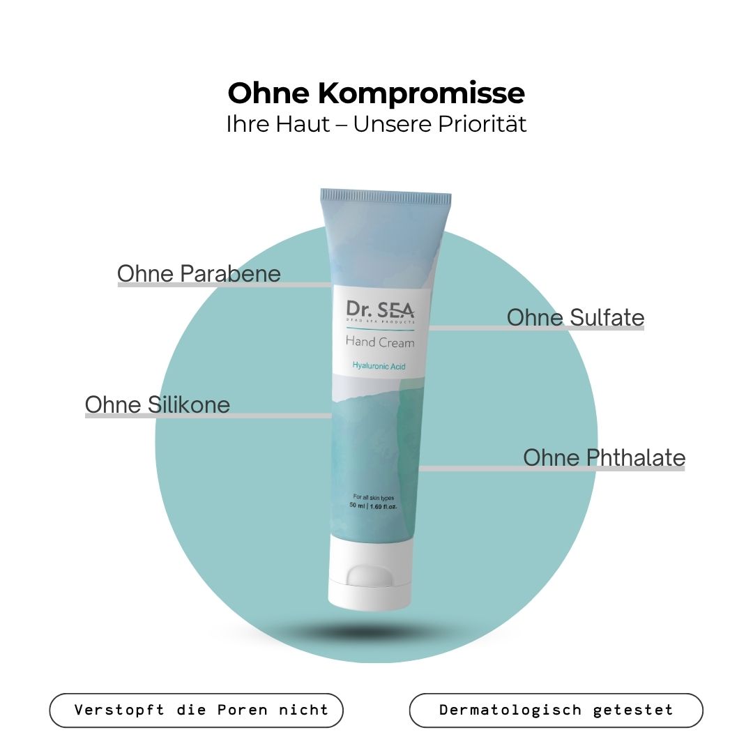 Handcreme-Tube mit Text. Text: Ohne Parabene, Sulfate, Silikone, Phthalate. Hellblauer Hintergrund. Dermatologisch getestet.