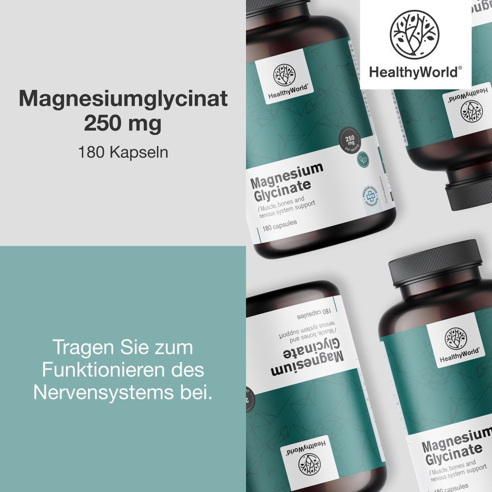Mehrere Flaschen Magnesiumglycinat. Text: Magnesiumglycinat 250 mg, 180 Kapseln. Beitrag zum Nervensystem.