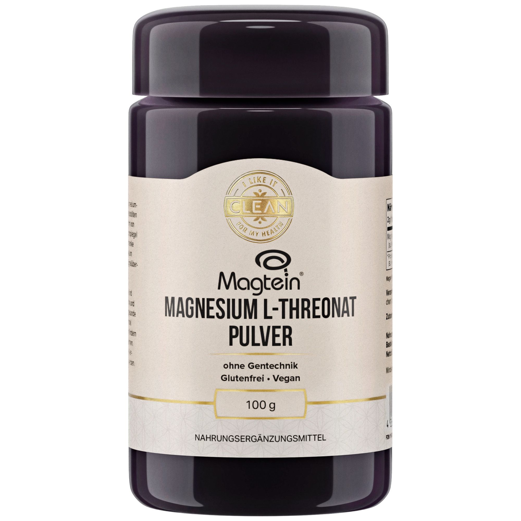 Dunkle Dose mit Magnesium L-Threonat Pulver. Aufschrift: Magtein, 100g, ohne Gentechnik, glutenfrei, vegan. Nahrungsergänzungsmittel.