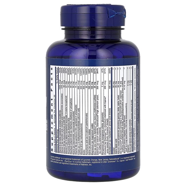 Blaue Flasche mit Supplement-Fakten-Etikett. Enthält Nährwertangaben und Inhaltsstoffe. Rückansicht.