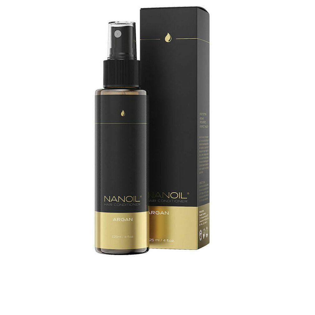 Schwarze Flasche mit Sprühkopf und goldfarbenen Akzenten. Aufschrift: Nanolash Hair Conditioner Argan. Stehende Verpackung daneben.