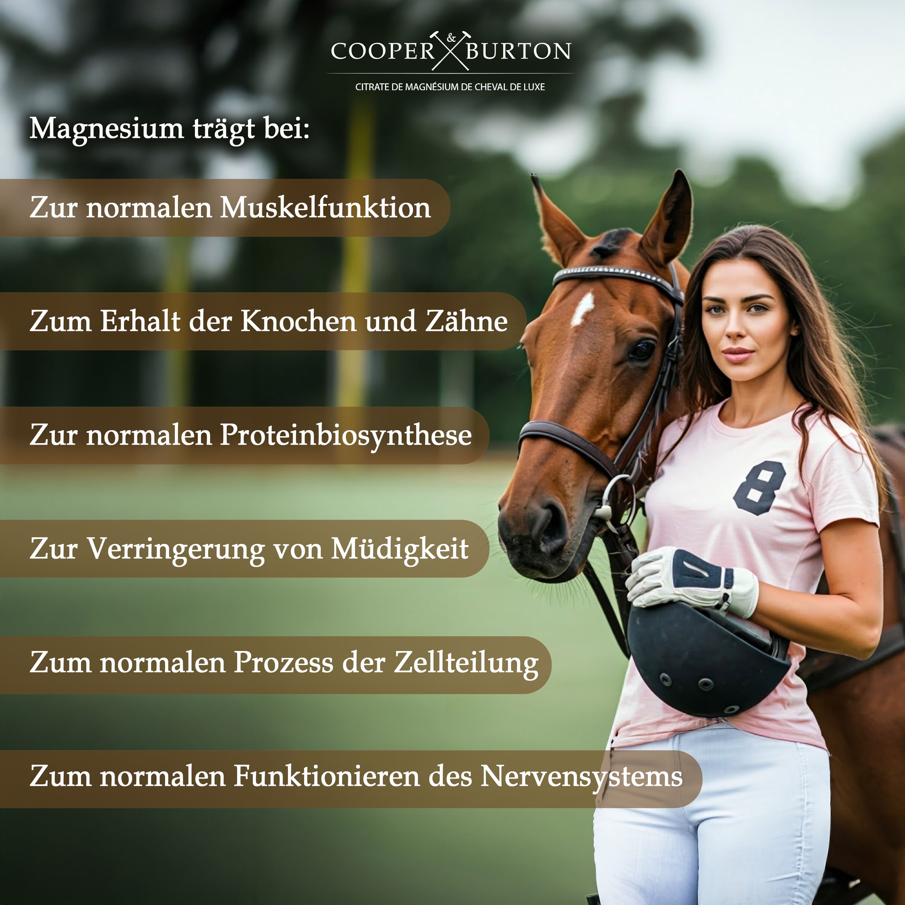 Frau mit Pferd. Text: Magnesium trägt bei: Muskelfunktion, Knochen, Zähne, Proteinbiosynthese, Müdigkeit, Zellteilung, Nervensystem.