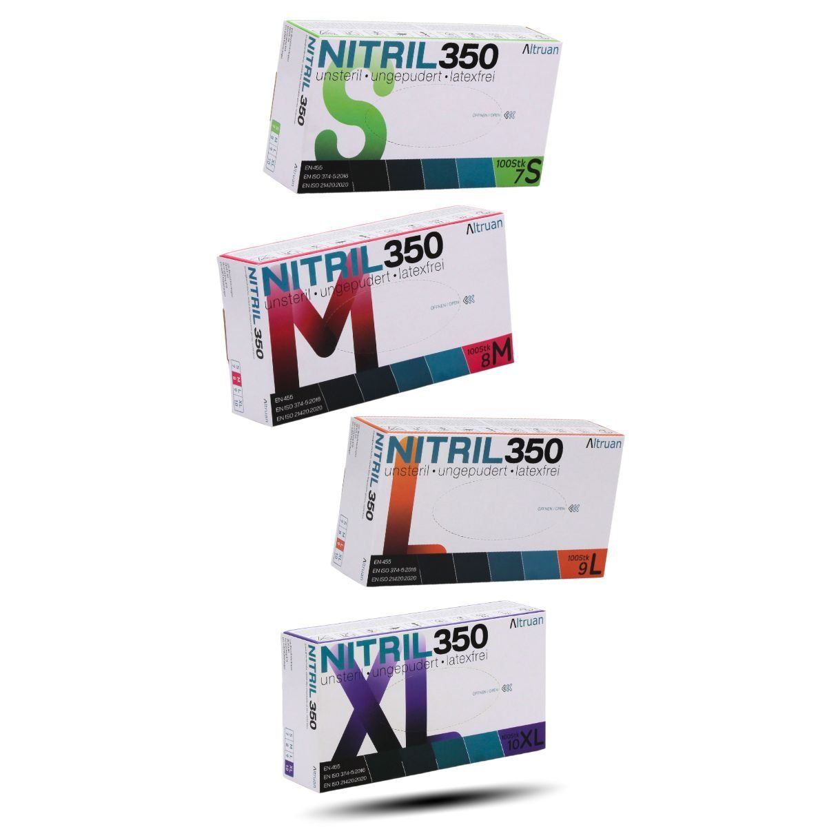 Mehrere Kartons mit Handschuhen. Größen: S, M, L, XL. Aufdruck: Nitril 350, unsteril, ungepudert, latexfrei.