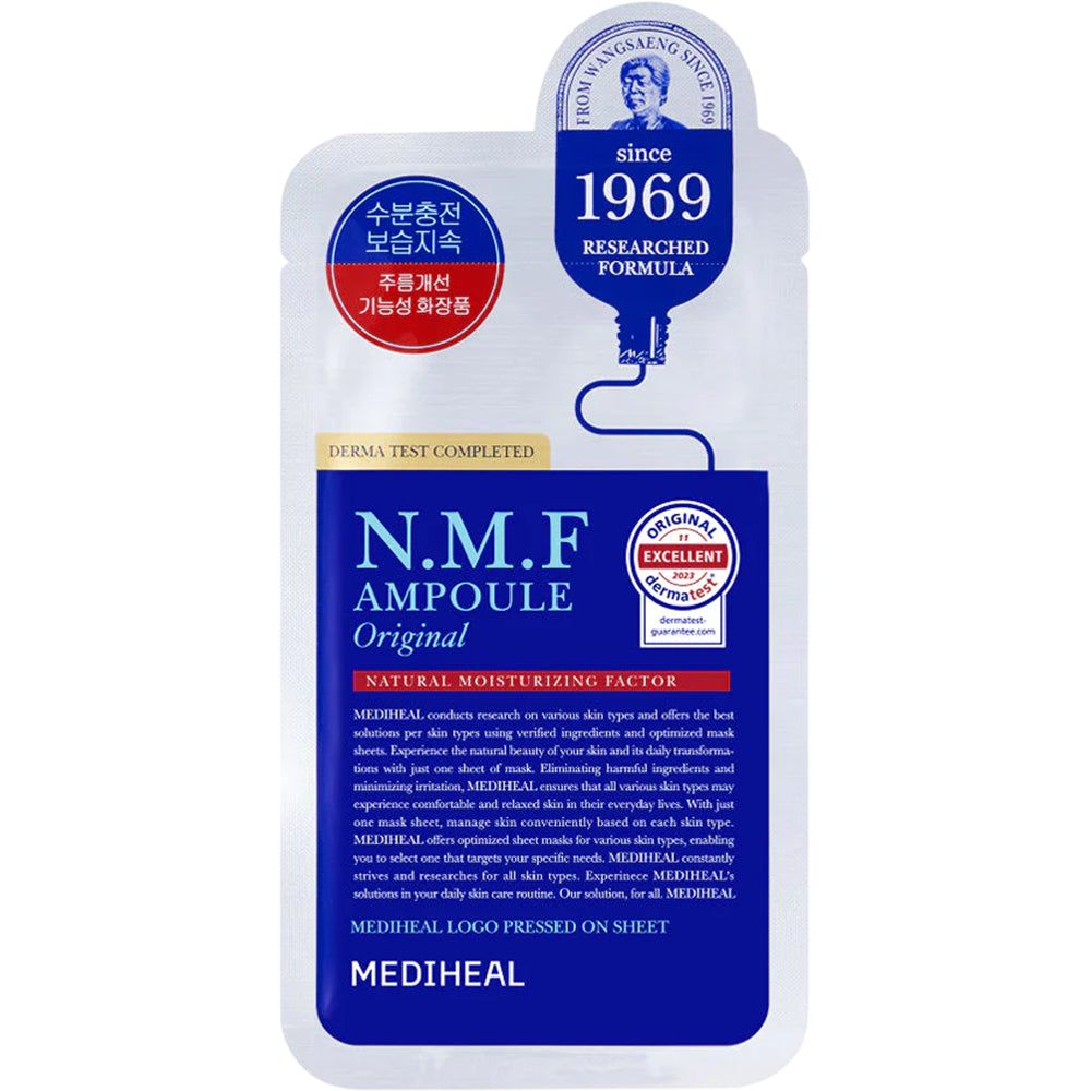 MEDIHEAL N.M.F Ampoule Original Tuchmaske. Weiße Verpackung mit blauer Beschriftung. Produktname und Logo deutlich sichtbar.