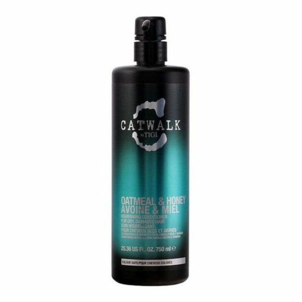 Schwarze Flasche Conditioner. Aufschrift: CATWALK by TIGI, OATMEAL & HONEY. 750 ml. Für trockenes, strapaziertes Haar.