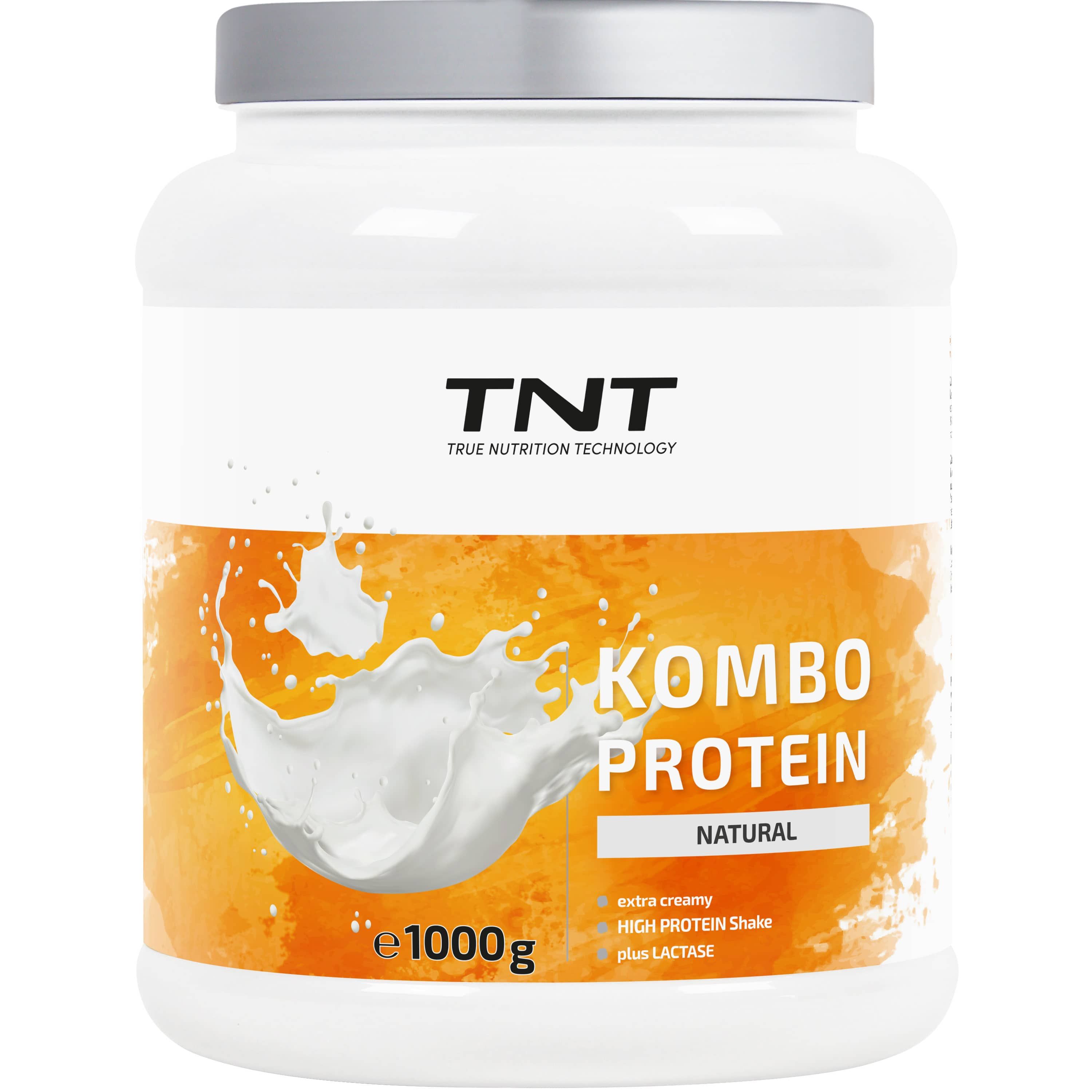 Weißes TNT Kombo Protein-Behälter mit silbernem Deckel. Aufdruck: Kombo Protein, Natural, e1000g. Logo: TNT True Nutrition Technology.