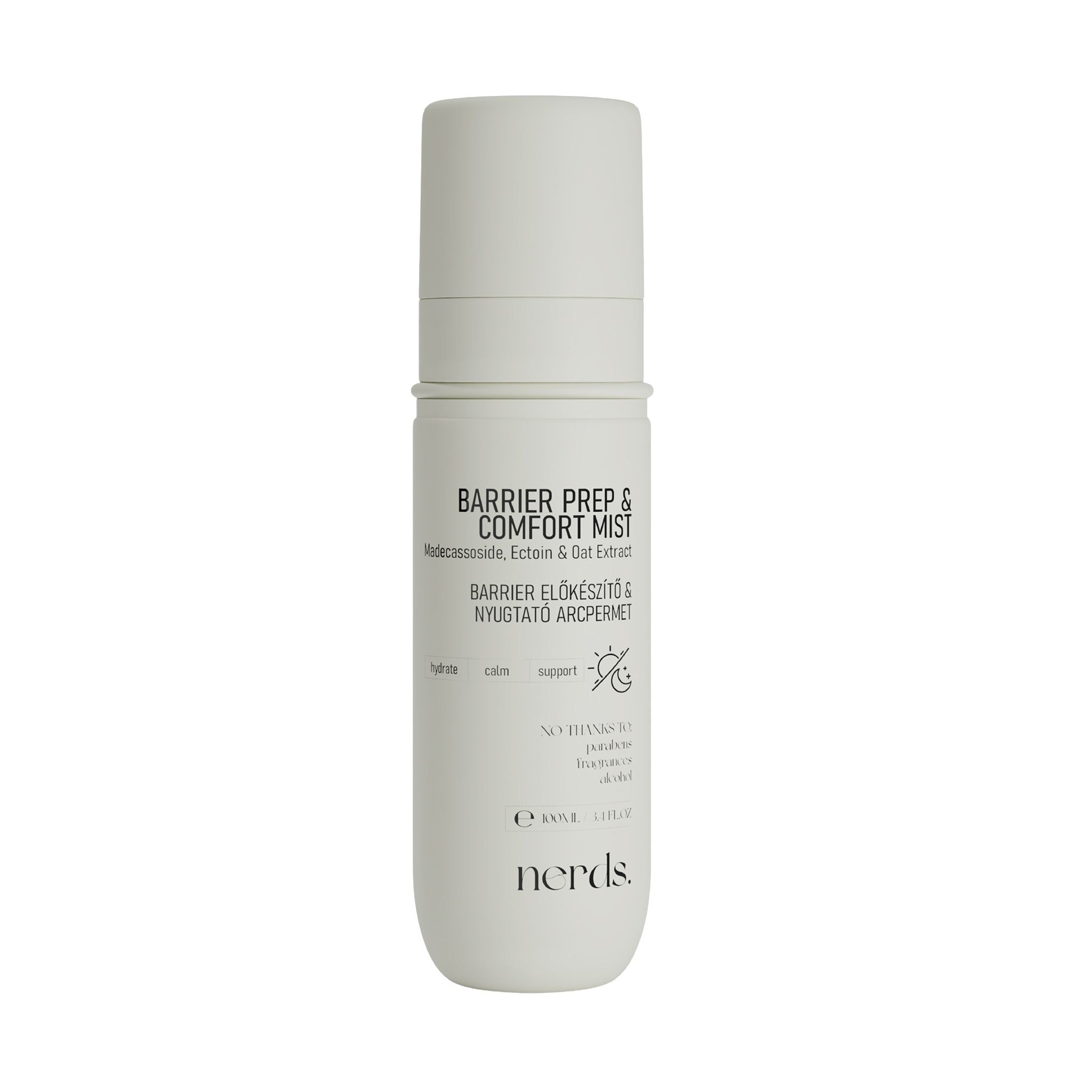 Barriere Prep & Comfort Mist, 100ml Sprühflasche, auf einem Regal.