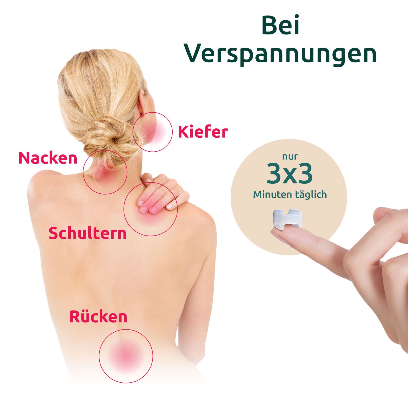 Person zeigt Aligner Short. Text: Bei Verspannungen. Bereiche: Kiefer, Nacken, Schultern, Rücken. Nur 3x3 Minuten. Produktname Aligner Short.
