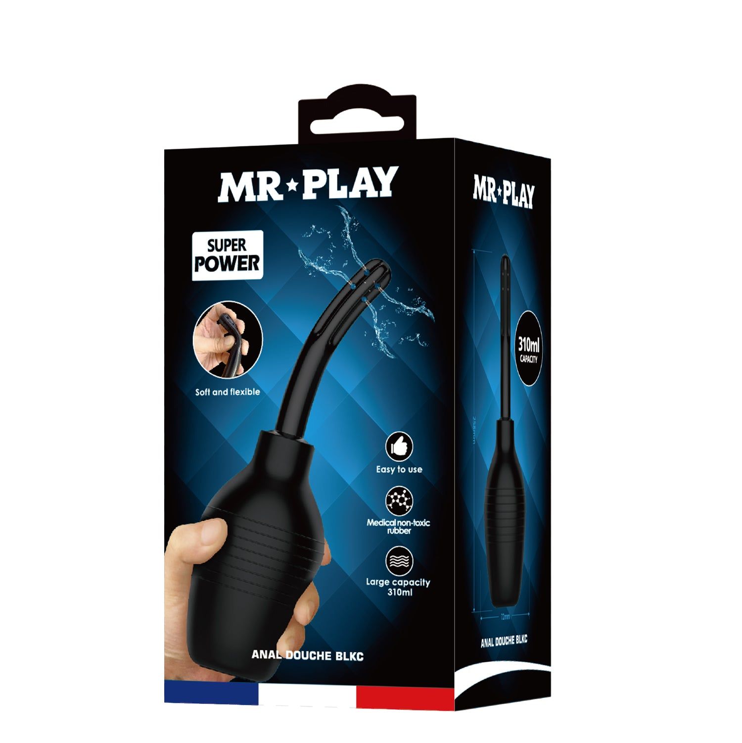 Verpackung von MR*PLAY Anal Douche BLKC. Enthält eine Abbildung des Produkts und Text.