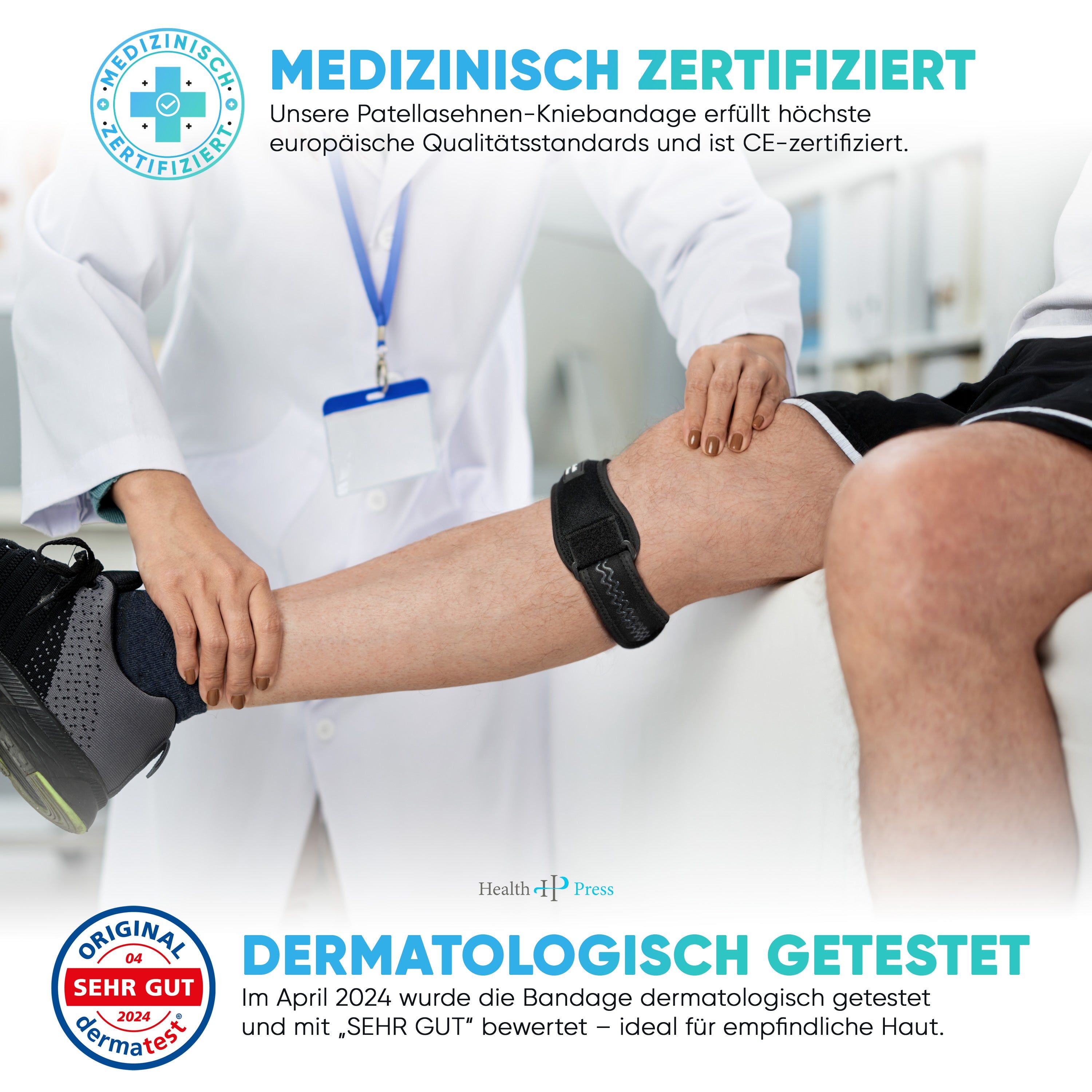 Arzt untersucht Bein mit Kniebandage. Text: Medizinisch zertifiziert, dermatologisch getestet. Marke: Health Press.